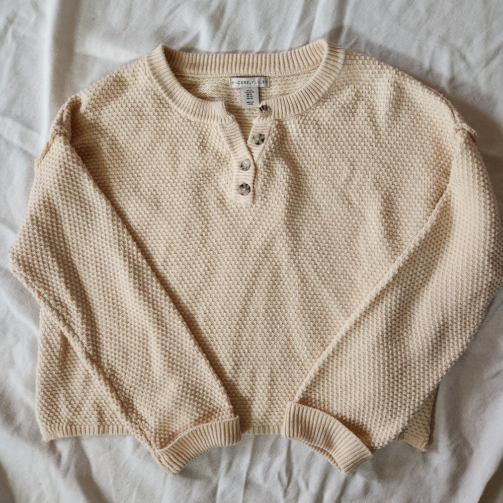 Sincerely Jules Cream Waffle Knit Henley Sweater XS – Textured Pullover